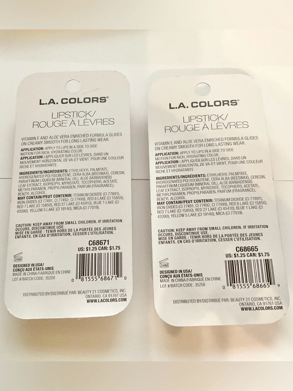 LA Colors Hydrating Lipstick 2 Pack Dusty Rose & Bright Pink New